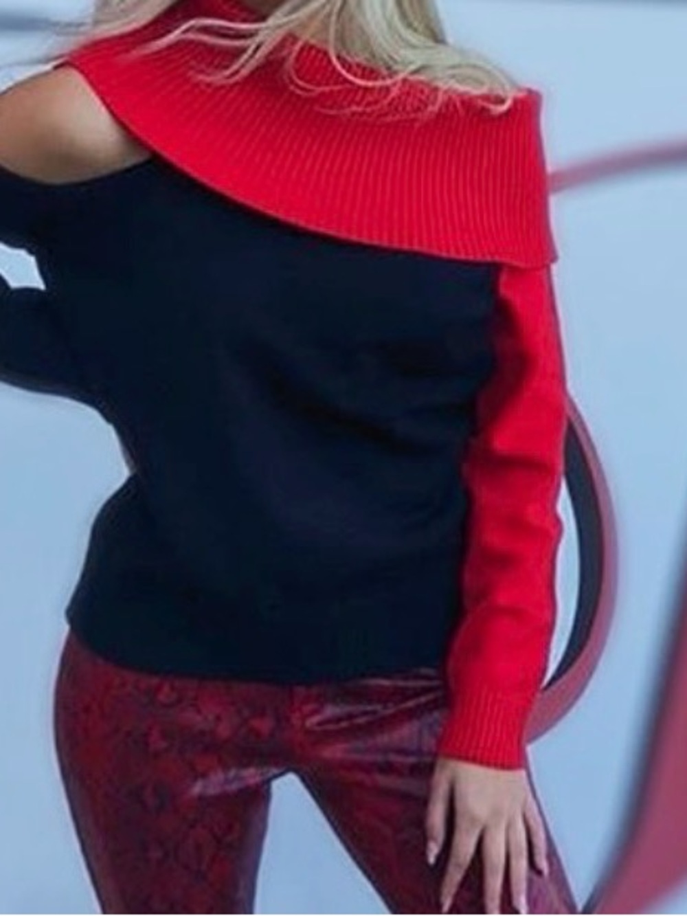 Elan Black & Red Off-Shoulder Colorblock Sweater